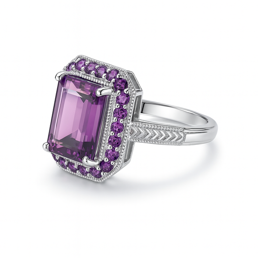halo ring with a large amethyst central stone