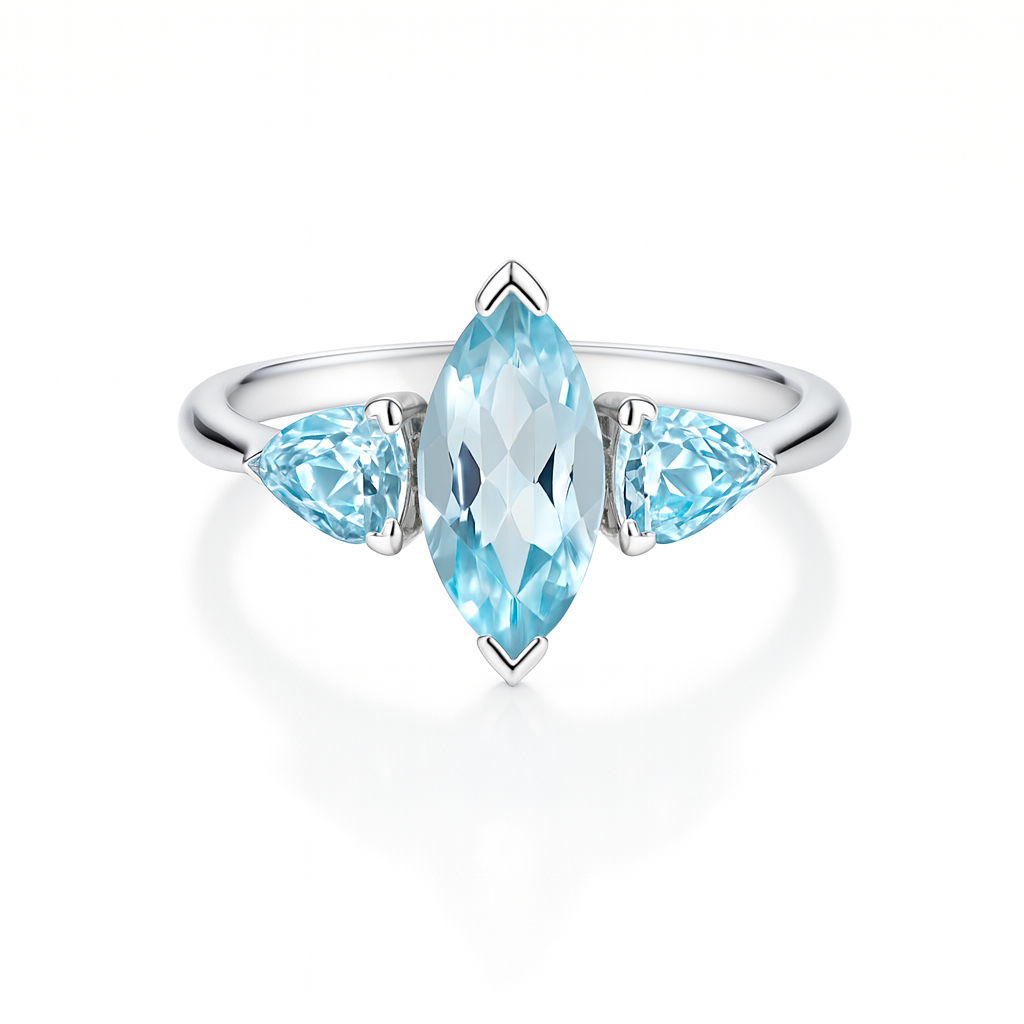 Silver ring with three pear-shaped sky blue topaz